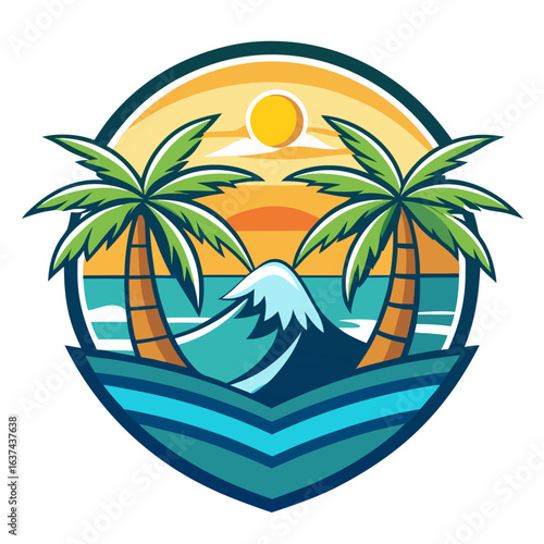 Vector art of vibrant tropical island scene with palm trees, a majestic mountain, and a colorful sunset over the ocean, evoking a sense of paradise and vacation