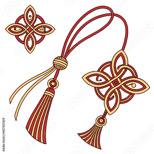 “Ornamental bow set inspired by Asian packaging traditions — silk knot styles, rich red and gold palette, decorative tassels, isolated vector on transparent background.”
