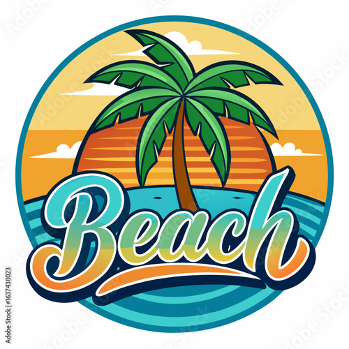 Wallpaper Mural Vector art of circular graphic featuring a single palm tree on a tropical beach with the word beach in stylized lettering, set against a backdrop of waves and a colorful sunset Torontodigital.ca