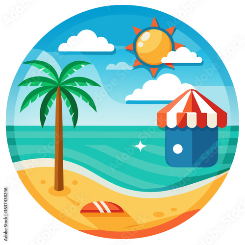Vector art of cheerful circular illustration of a sunny tropical beach with a palm tree, a small beach shop, sparkling ocean water, and a flipflop on the sand
