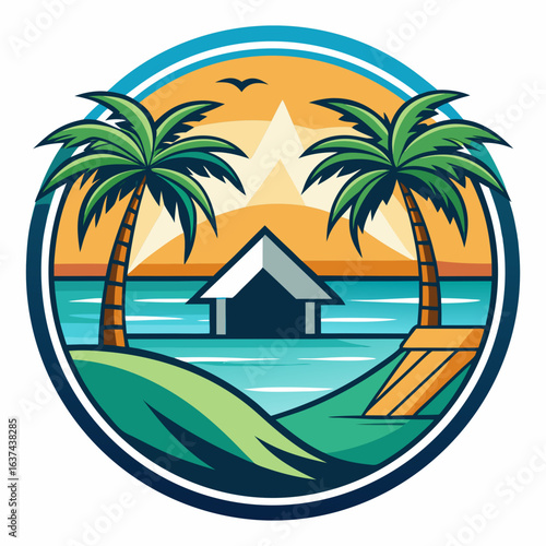Vector art of idyllic tropical island scene featuring palm trees, a serene ocean, and a stylized beach hut under a warm sunset sky