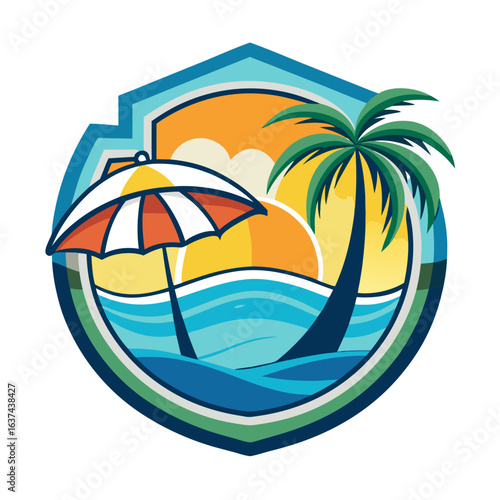 Vector art of tropical beach scene with a palm tree and umbrella under a vibrant sunset, evoking a sense of summer vacation and relaxation by the ocean