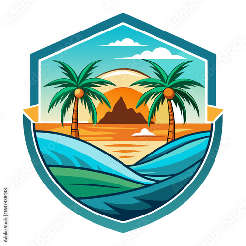 Vector art of idyllic summer landscape with two palm trees on a tropical island, overlooking the ocean at sunset, representing a serene beach vacation