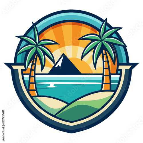 Vector art of idyllic tropical beach with two palm trees framing a mountain silhouette against a radiant sunset, symbolizing a perfect summer getaway