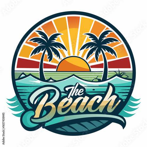 Wallpaper Mural Vector art of vibrant beach logo featuring palm trees, ocean waves, and the text the beach under a bright sunset, perfect for summer holiday promotion Torontodigital.ca