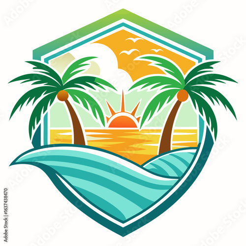 Vector art of hexagonal badge featuring a picturesque beach with two palm trees, gentle waves, and a bright sunrise, symbolizing a tropical getaway and summer bliss