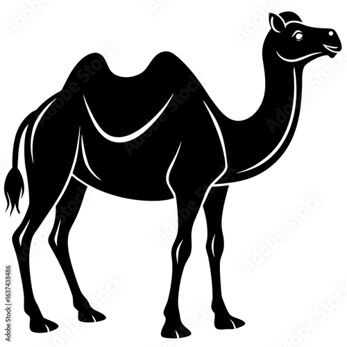 Stylized black silhouette of a dromedary camel standing with a white outline