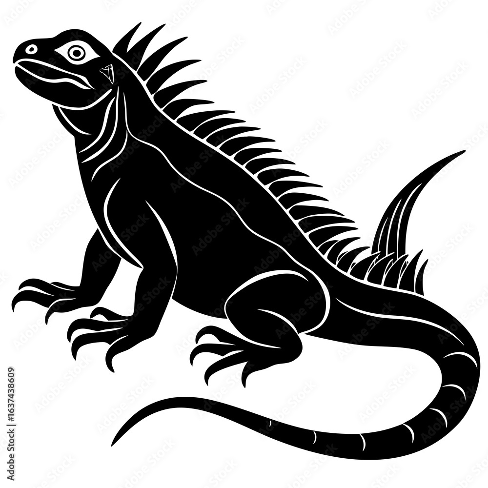 Obraz premium Stylized black iguana silhouette with detailed markings and crest