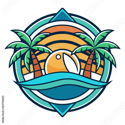Vector art of vibrant tropical beach scene with palm trees, gentle waves, and a bright sun, featuring a beach ball, perfect for summer vacation and outdoor fun