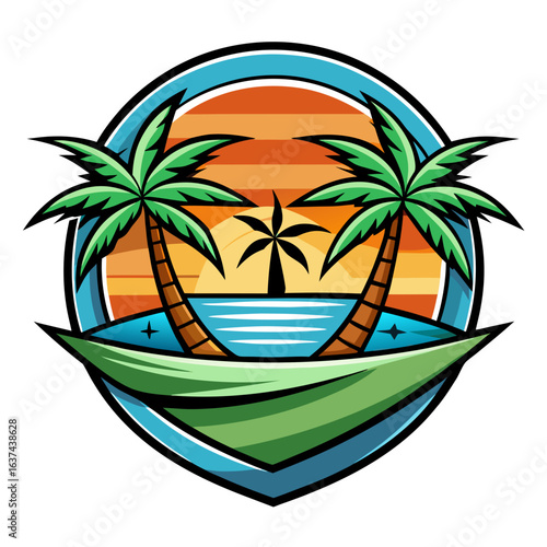 Vector art of tropical beach at sunset with silhouetted palm trees and a hammock, overlooking the calm ocean, creating a serene and relaxing vacation atmosphere