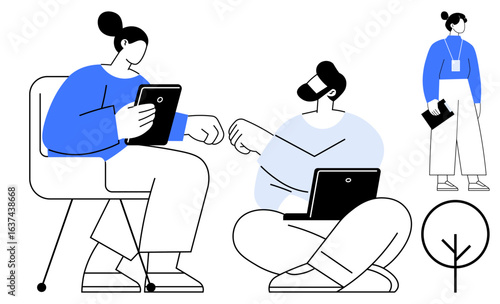 Professionals interacting through laptops and tablets, engaged in teamwork and networking. Ideal for collaboration, business, technology, remote work, communication, strategy growth. Simple flat