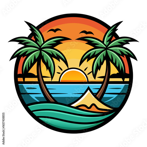 Vector art of stylized circular logo depicting a serene tropical island beach scene during a beautiful sunset with palm trees and gentle waves