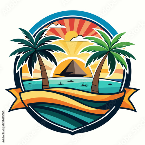 Vector art of iconic egyptian pyramid and palm trees set against a vibrant sunrise over the nile river, symbolizing ancient history and adventure