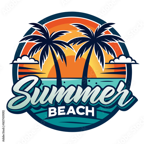 Wallpaper Mural Vector art of vibrant summer beach scene with palm trees at sunset, featuring the word summer beach in bold lettering, evoking a tropical vacation paradise Torontodigital.ca