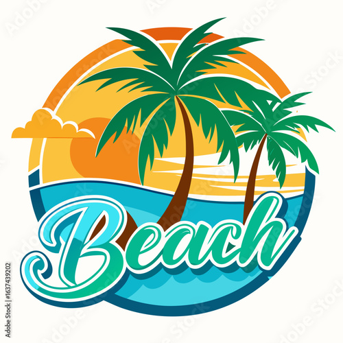 Wallpaper Mural Vector art of circular tropical beach emblem featuring two palm trees and a stylized sunset over the sea, perfect for summer holiday branding Torontodigital.ca