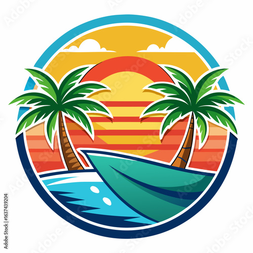 Vector art of vibrant tropical beach scene at sunset with palm trees and a boat, evoking a sense of vacation and paradise