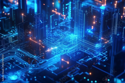 Futuristic digital cityscape glowing with neon blue light representing advanced technology and smart infrastructure in a virtual cyber network