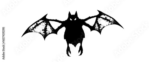 silhouette of a menacing bat with textured wings and glowing eyes on a white background