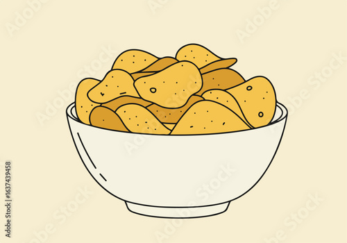 Chips overflowing from a white bowl on a plain background, for design or menu use