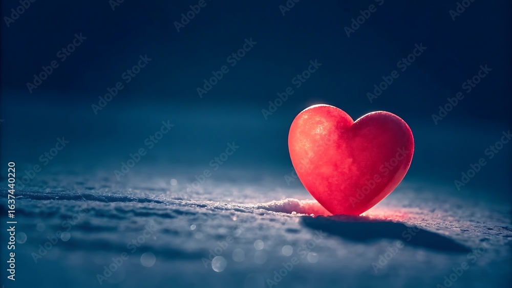 Fototapeta premium Single red heart shape illuminated in dark blue background