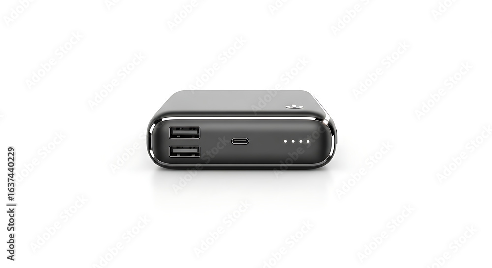 A sleek black power bank with usb ports and led indicators on a white background in a studio shot A sleek black power bank with usb ports and led indicators on a white background in a studio shot