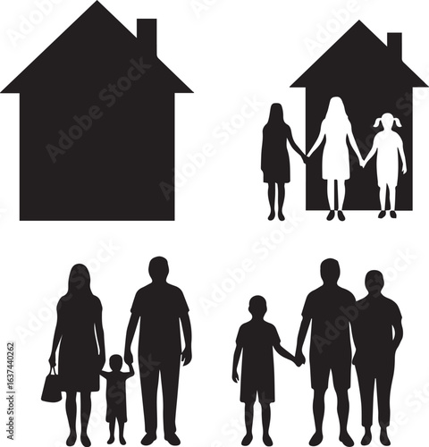 Diverse Family Silhouettes With Houses And Children Keywords: family, house, home, children, kids, parents, mother, father, daughter, son, silhouette, black and white, icon, symbol, illustration
