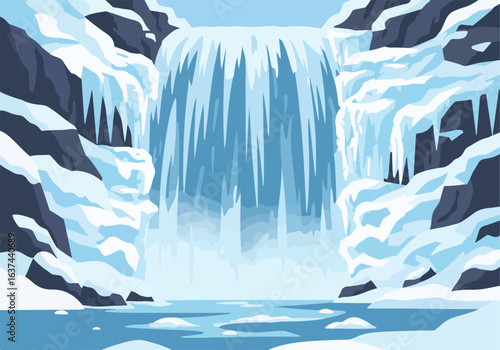 Icy waterfall flowing into a frozen lake with snow on mountains in background