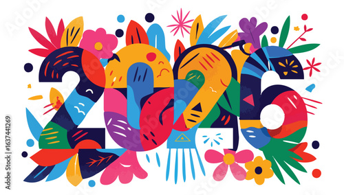 Artistic 2026 New Year Design Abstract Floral and Geometric Elements with Bold Colors on Transparent Backdrop for Unique Festive Greetings