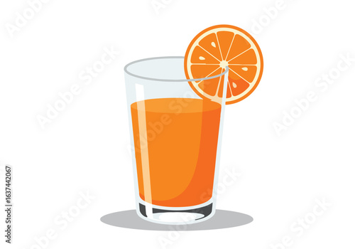 Orange juice in a glass decorated with an orange slice on white. Vector graphic