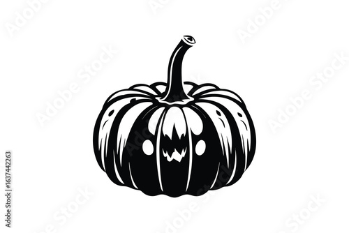 A stylized illustration of a pumpkin with a jack o lantern face and a stem rendered in a bold black silhouette style evoking a sense of Halloween
