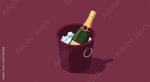 Chilling wine bottle in ice bucket with a single color background for celebration