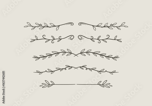 Hand Drawn Leaf Line Divider Set with minimal Botanical Accent Elements