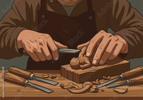 Woodworker shapes wood carving on table in workshop; craft, art, hobby use
