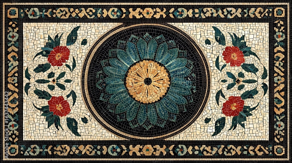 Ornate Mosaic Tile Design with Central Floral Motif and Border Patterns Ornate Mosaic Tile Design with Central Floral Motif and Border Patterns