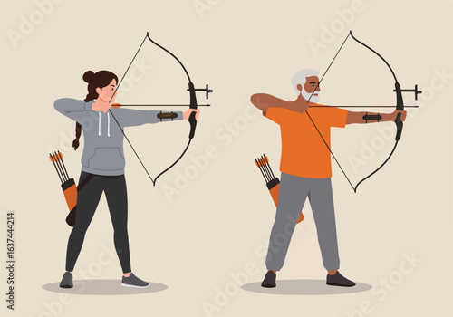 Two people practicing archery at an outdoor range, aiming arrows.  Vector image