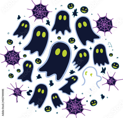 Cute Halloween Ghosts and Spider Webs Vector Set – Spooky Cartoon Illustration for Holiday Decor