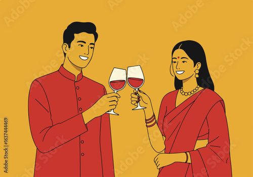 Indian couple toasting in red traditional dress on orange background, for promotions