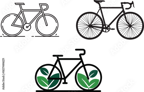 Eco Friendly Bicycle Icon Set – Sustainable Transport Vector Illustrations with Leaf Wheels