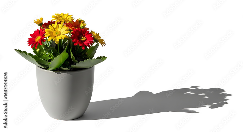 Gerbera daisies in a gray pot with scalloped edge and shadow on a white background in bright light Gerbera daisies in a gray pot with scalloped edge and shadow on a white background in bright light