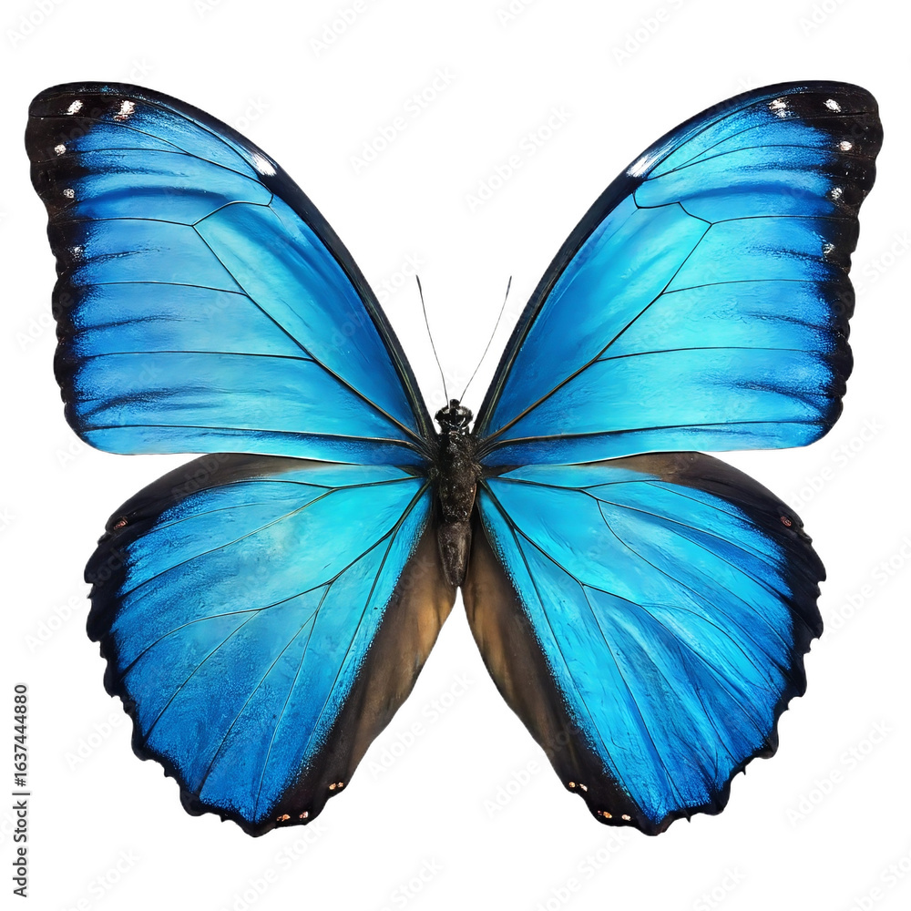 Fototapeta premium blue morpho butterfly with its wings fully extended, highlighting the iridescent blue color and black veins