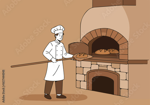 Baker removes bread loaf from brick oven in bakery, loaves baking behind