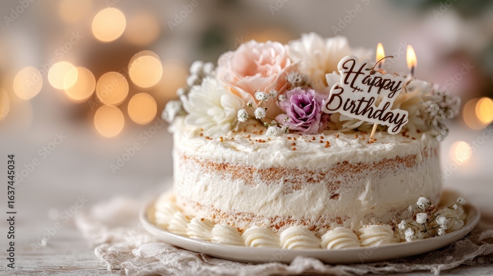 Fototapeta premium Celebration of life, Elegant happy birthday cake with flowers and candles