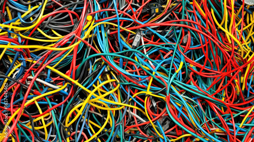 A colorful pile of tangled wires and cables, with a mix of red, blue, yellow, and black colors, against a dark background.
