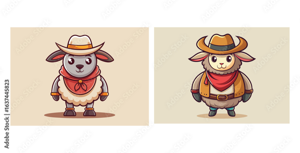 Naklejka premium Playful Sheep Character in Classic Cowboy Outfit Western Vector Illustration Design
