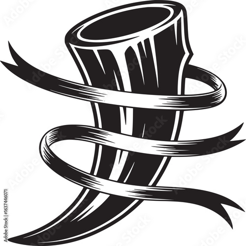 Vintage horn entwined with a flowing ribbon emblem for heraldry and medieval designs