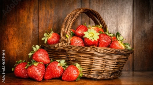 Rustic charm still life featuring fresh ripe strawberries overflowing from a wicker basket