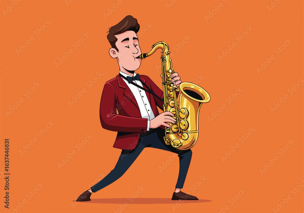 Fototapeta premium Cartoon man playing saxophone with eyes closed, on a plain orange background
