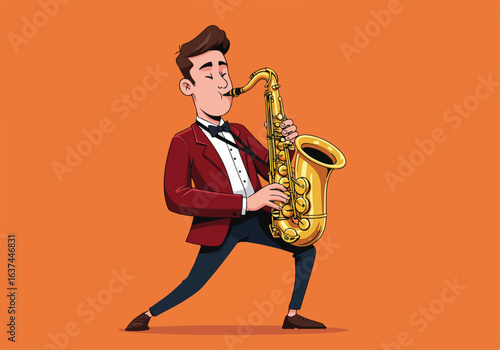 Cartoon man playing saxophone with eyes closed, on a plain orange background