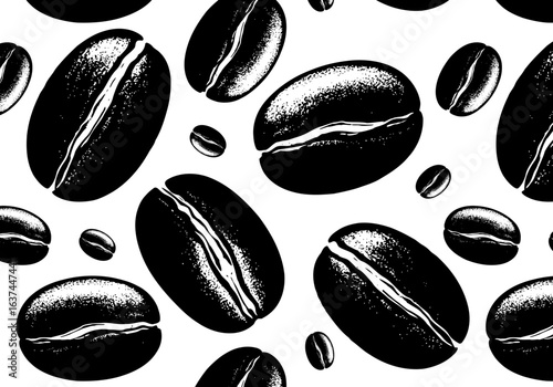 Seamless pattern of roasted coffee beans isolated on white background