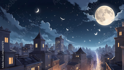 Moonflight Over Concrete – Birds Above the Sleeping City